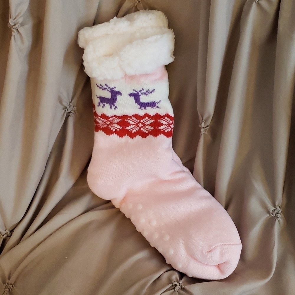 Pink Faux Sherpa Knit Slipper Socks with Fair Isle Deer Pattern & Traction Dots